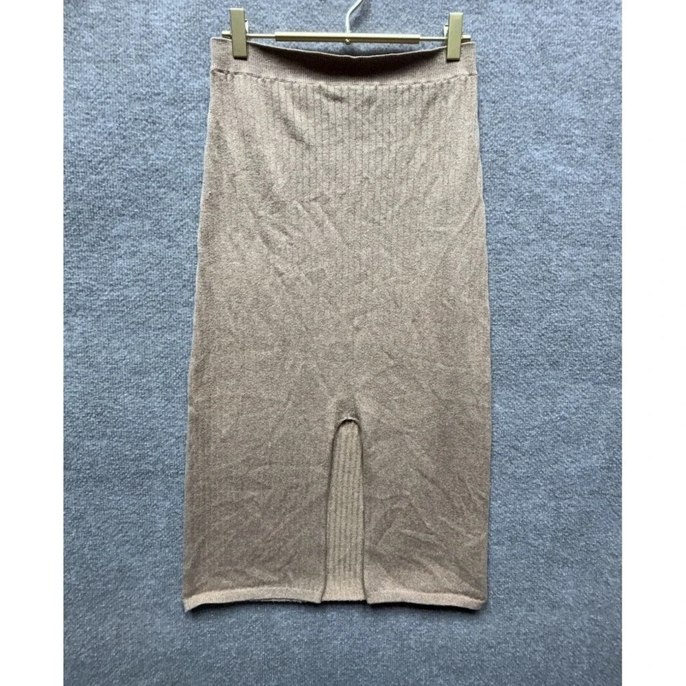 Free People Skyline‎ Midi Skirt Linerless Beige Ribbed Knit Slit Hem Medium EUC